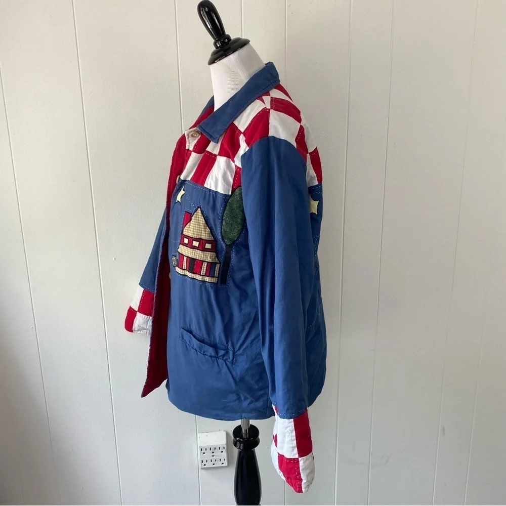 Women's M Americana Patchwork Cabin Sky Quilted  Reversible Button Jacket Red